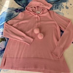 Pink Hooded Sweater with Pom Poms